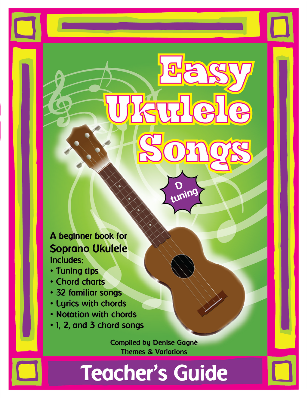Book cover: A green background with a ukulele in the centre